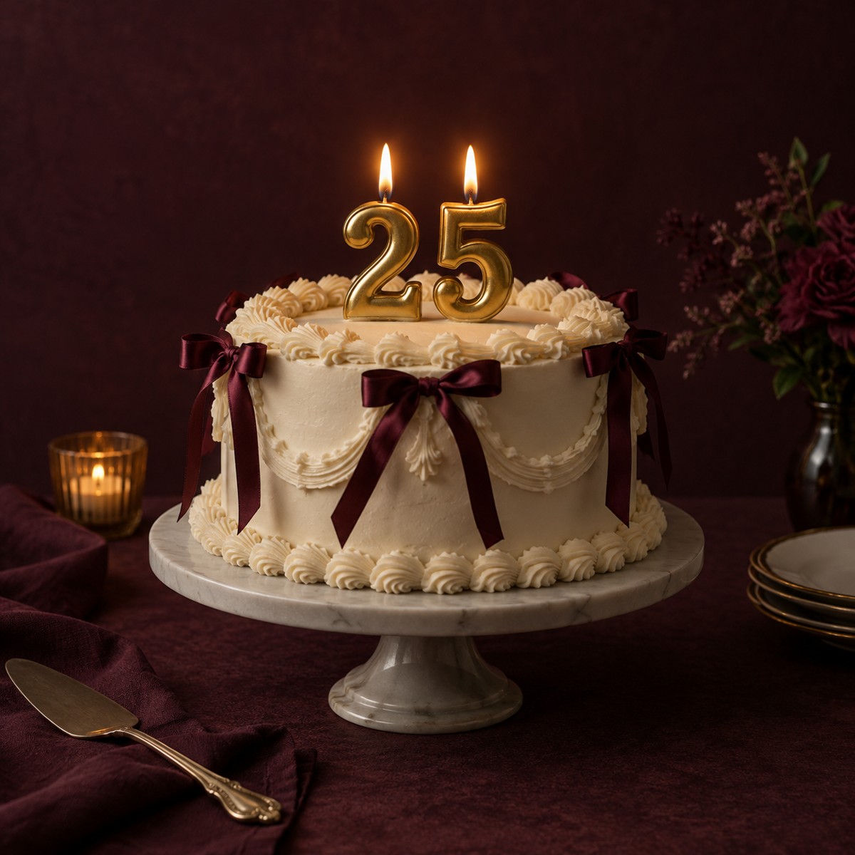 Ivory birthday cake with glowing gold 25 candles
